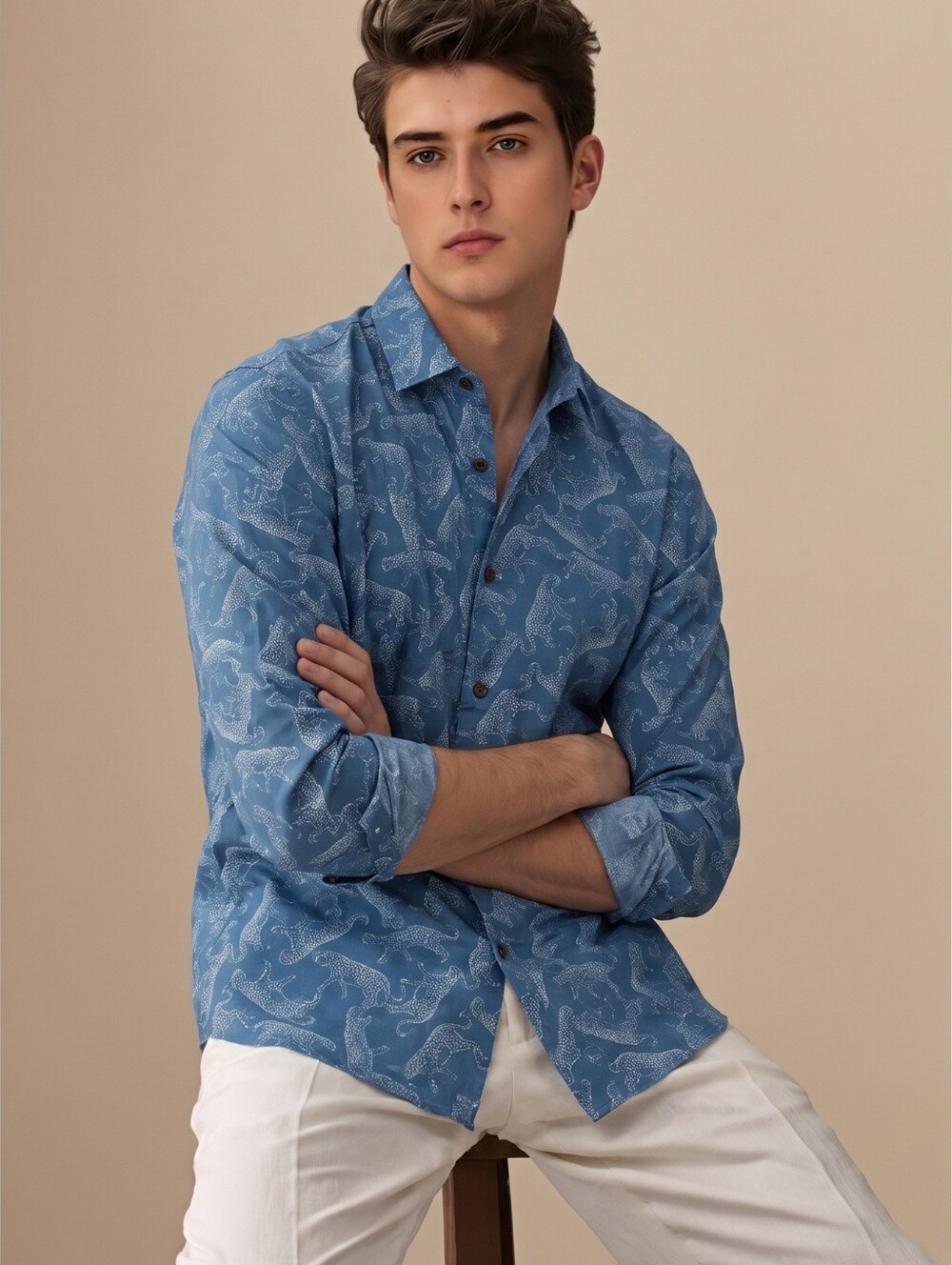 BAR III Organic Cotton Turquoise blue cheetah leopard Mens SHIRT Stretch M 15
